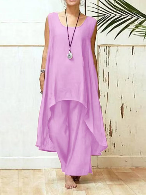 Trousers Set- 2-Piece Solid Sophistication: Sarah's Kaftan Trousers- Purple- Pekosa Women Clothing