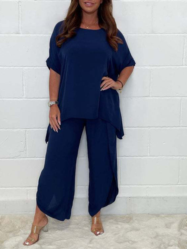 Trousers Set- Casual Vacation Outfit Short Sleeve Top + Wide-Leg Pants 2-Piece- Navy Blue- Pekosa Women Clothing