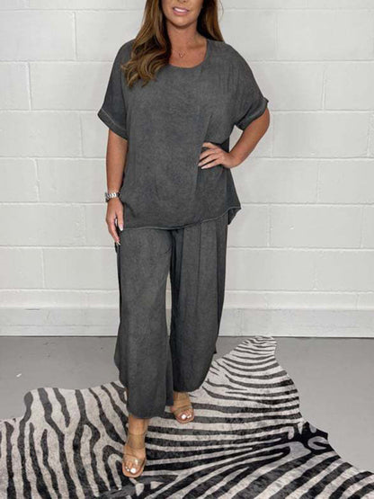 Trousers Set- Casual Vacation Outfit Short Sleeve Top + Wide-Leg Pants 2-Piece- Charcoal grey- Pekosa Women Clothing