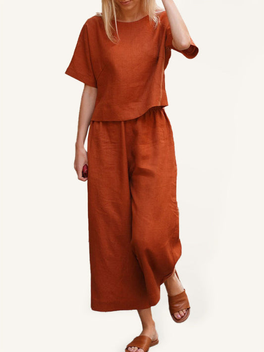 Trousers Set- Cotton-Linen Set: Top + Culottes- Orange Rust- Pekosa Women Clothing
