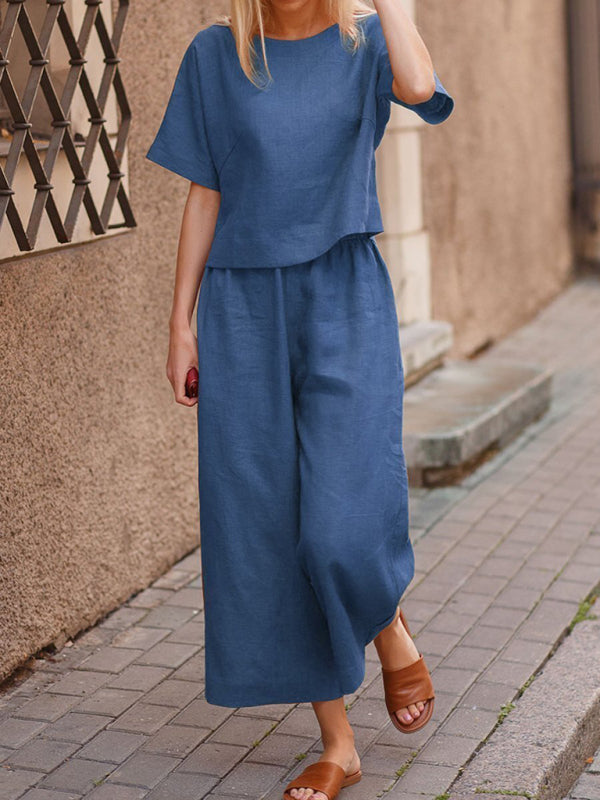 Trousers Set- Cotton-Linen Set: Top + Culottes- Blue- Pekosa Women Clothing