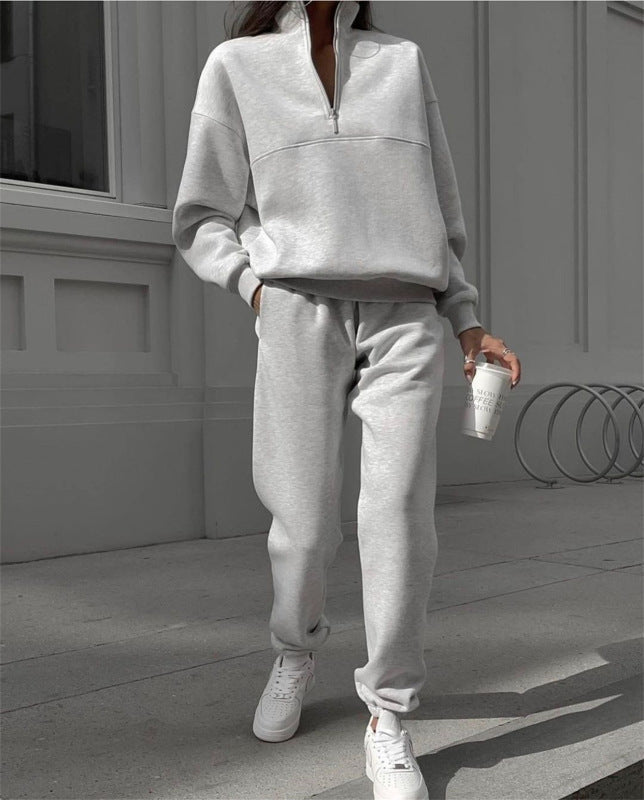 Trousers Set- Fleece Set: Zip-Up Sweatshirt + Sweatpants - Active Style- Misty grey- Pekosa Women Clothing