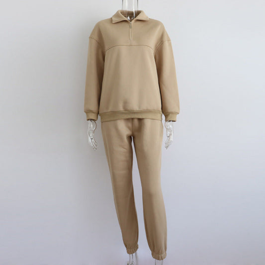 Trousers Set- Fleece Set: Zip-Up Sweatshirt + Sweatpants - Active Style- Khaki- Pekosa Women Clothing