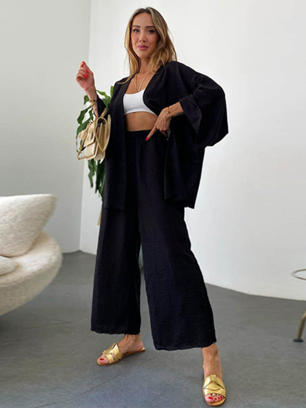 Trousers Set- Lounge Vacation Long Sleeve Cardigan and Wide-Leg Pants- - Pekosa Women Clothing