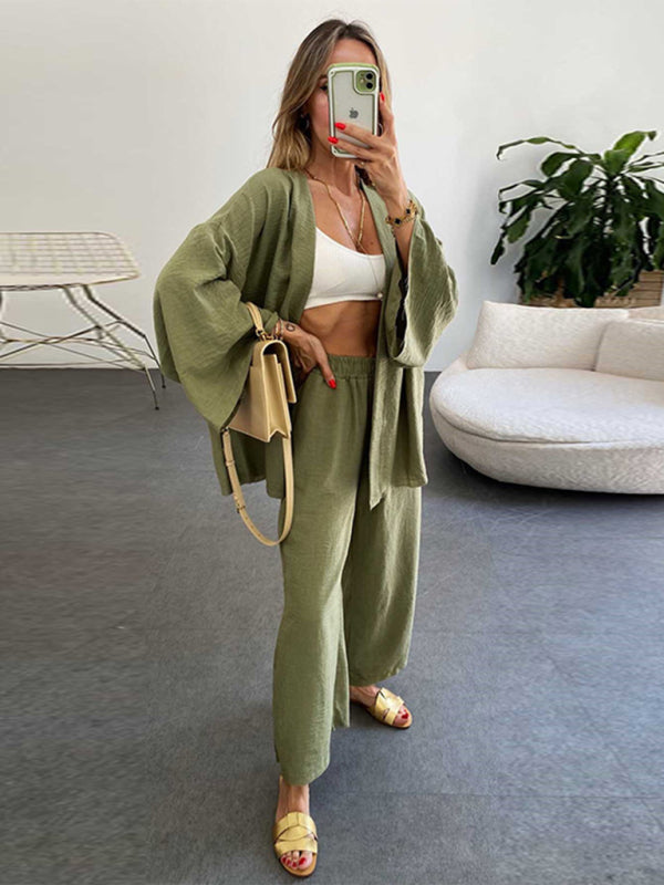 Trousers Set- Lounge Vacation Long Sleeve Cardigan and Wide-Leg Pants- Green- Pekosa Women Clothing