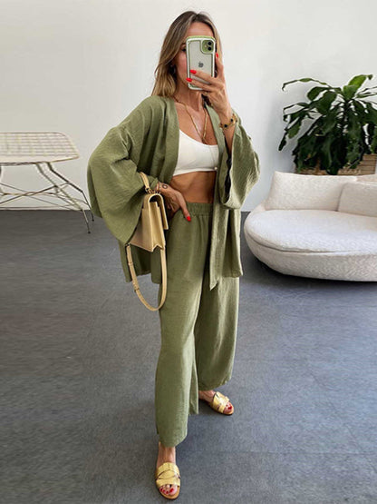 Trousers Set- Lounge Vacation Long Sleeve Cardigan and Wide-Leg Pants- Green- Pekosa Women Clothing