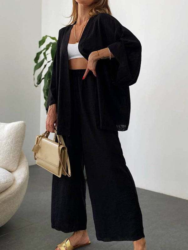 Trousers Set- Lounge Vacation Long Sleeve Cardigan and Wide-Leg Pants- Black- Pekosa Women Clothing