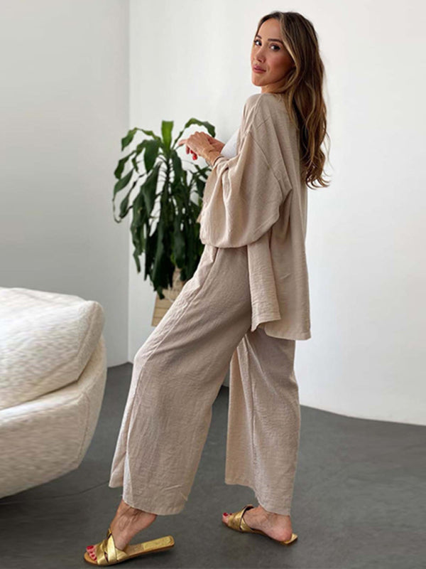 Trousers Set- Lounge Vacation Long Sleeve Cardigan and Wide-Leg Pants- - Pekosa Women Clothing