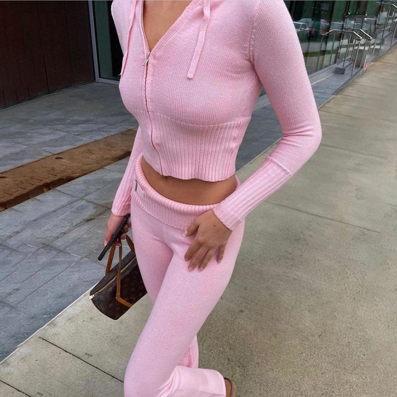 Trousers Set- Pink Y2K Two-Piece Knitted Rib Crop Hoodie and Pants- - Pekosa Women Clothing