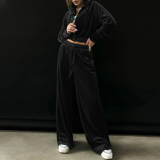 Trousers Set- Sportish Velvet Outfit: Hoodie & Wide-leg Trousers- Black- Pekosa Women Clothing