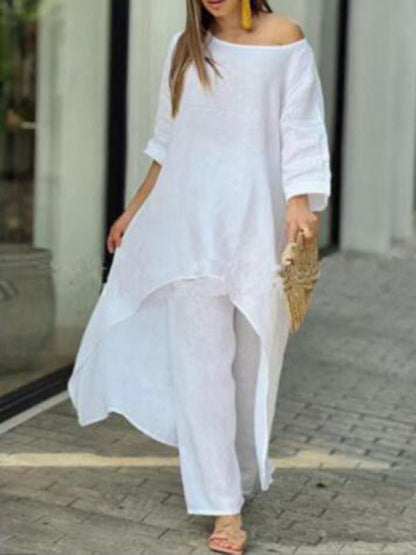 Trousers Set- Vacation Loose 2-Piece Set Asymmetrical Tunic Top + Wide-Leg Trousers- White- Pekosa Women Clothing