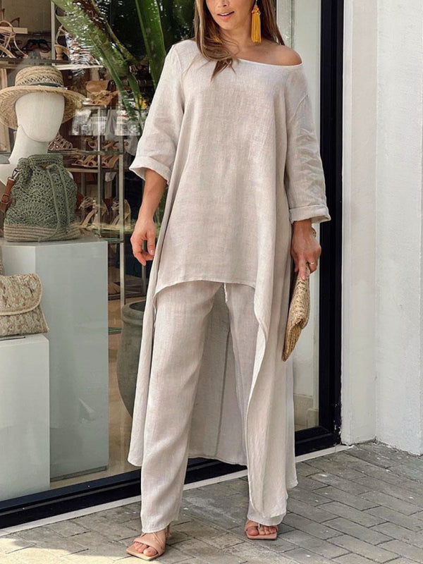 Trousers Set- Vacation Loose 2-Piece Set Asymmetrical Tunic Top + Wide-Leg Trousers- Khaki- Pekosa Women Clothing