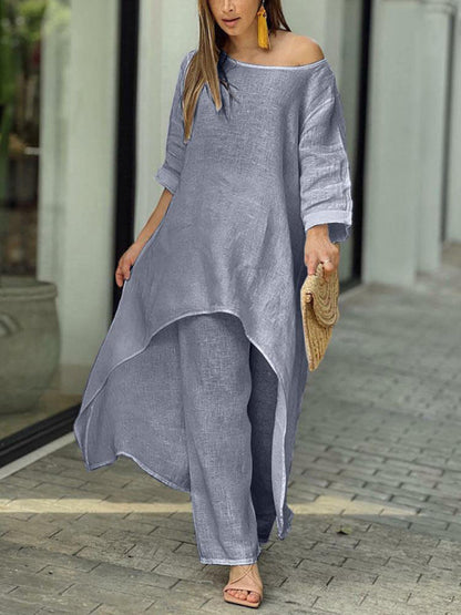 Trousers Set- Vacation Loose 2-Piece Set Asymmetrical Tunic Top + Wide-Leg Trousers- Charcoal grey- Pekosa Women Clothing