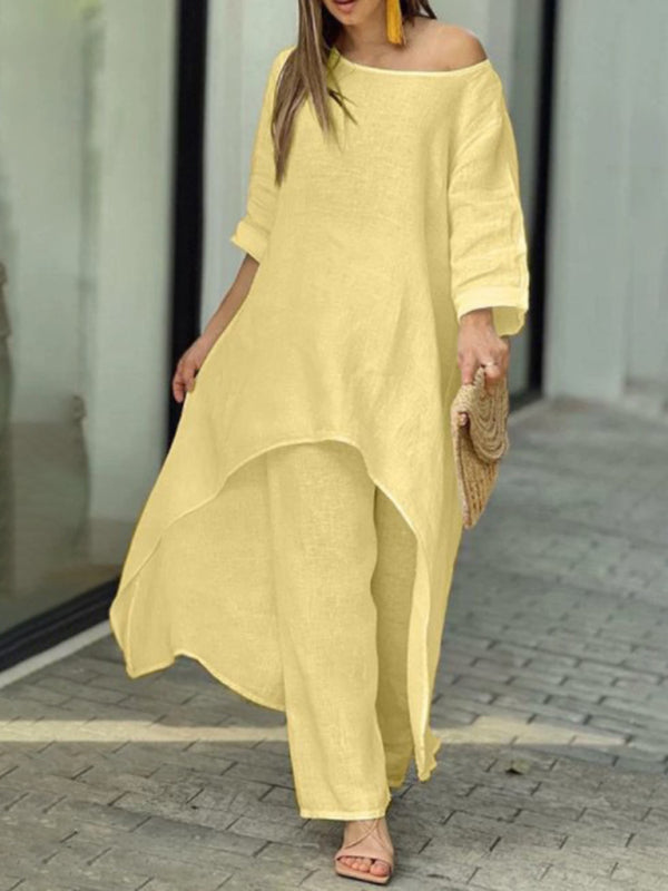 Trousers Set- Vacation Loose 2-Piece Set Asymmetrical Tunic Top + Wide-Leg Trousers- Yellow- Pekosa Women Clothing