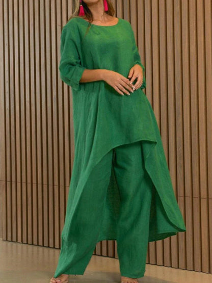 Trousers Set- Vacation Loose 2-Piece Set Asymmetrical Tunic Top + Wide-Leg Trousers- Green- Pekosa Women Clothing