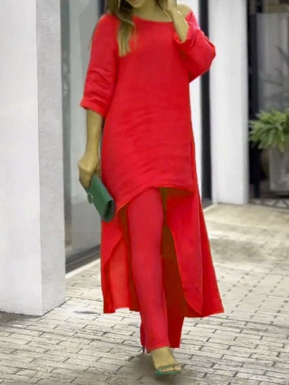 Trousers Set- Vacation Loose 2-Piece Set Asymmetrical Tunic Top + Wide-Leg Trousers- Red- Pekosa Women Clothing