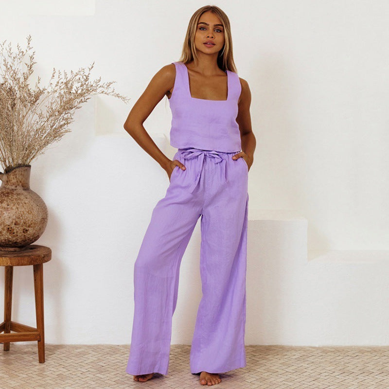 Trousers Set- Women's Cotton 2 Piece Set: Tank Top + Wide-Leg Belted Trousers- Purple- Pekosa Women Clothing