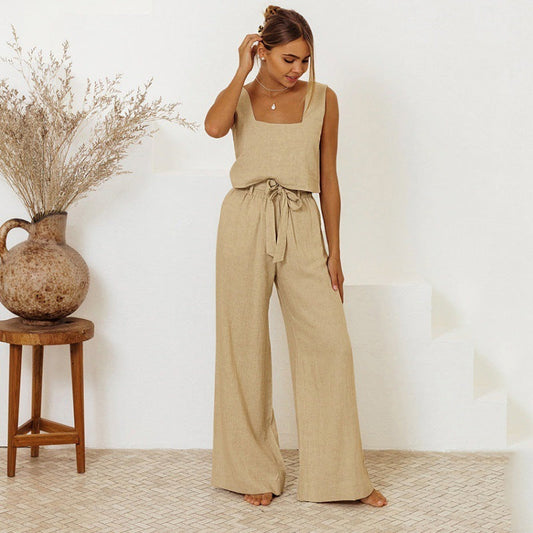 Trousers Set- Women's Cotton 2 Piece Set: Tank Top + Wide-Leg Belted Trousers- Khaki- Pekosa Women Clothing