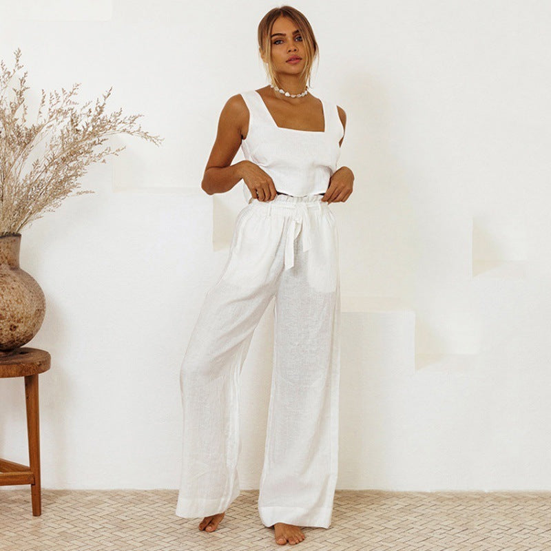 Trousers Set- Women's Cotton 2 Piece Set: Tank Top + Wide-Leg Belted Trousers- White- Pekosa Women Clothing