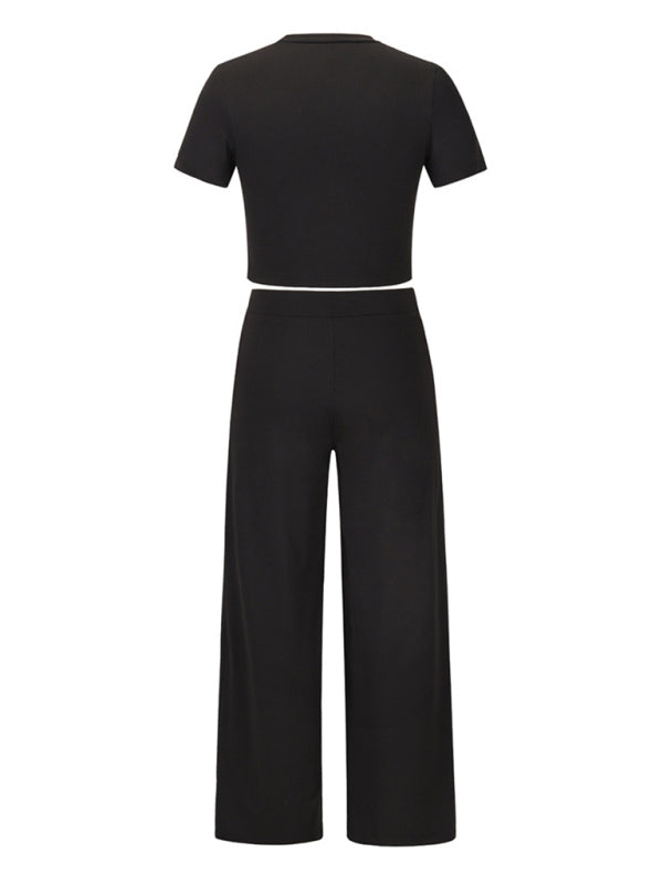 Trousers Set- Women's Lounge Set: Short Sleeve Crop Top + Wide Leg Trousers- - Pekosa Women Clothing