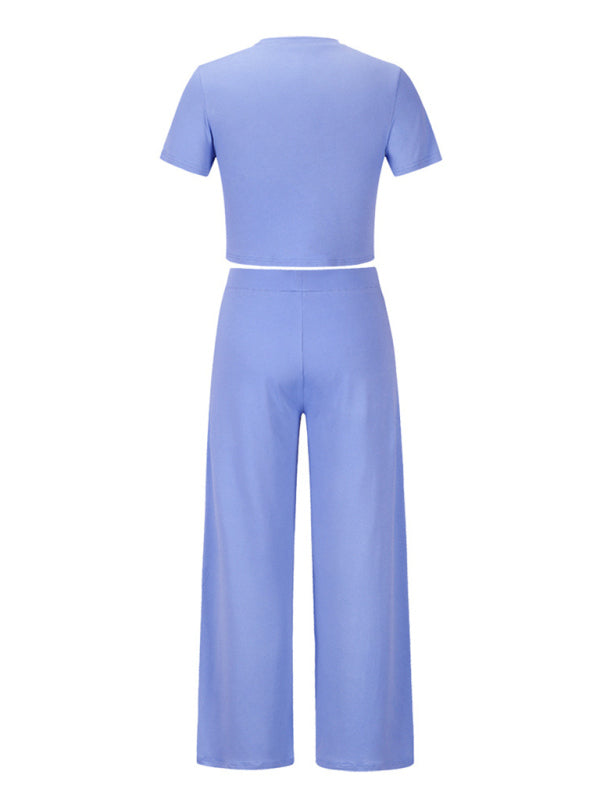 Trousers Set- Women's Lounge Set: Short Sleeve Crop Top + Wide Leg Trousers- - Pekosa Women Clothing