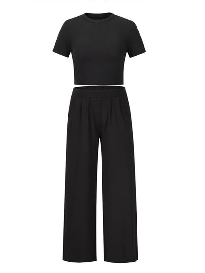 Trousers Set- Women's Lounge Set: Short Sleeve Crop Top + Wide Leg Trousers- - Pekosa Women Clothing