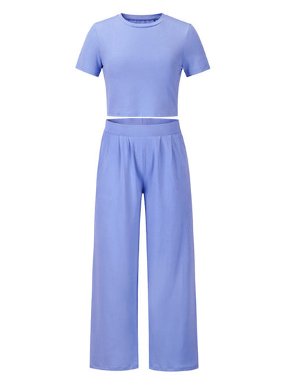 Trousers Set- Women's Lounge Set: Short Sleeve Crop Top + Wide Leg Trousers- - Pekosa Women Clothing