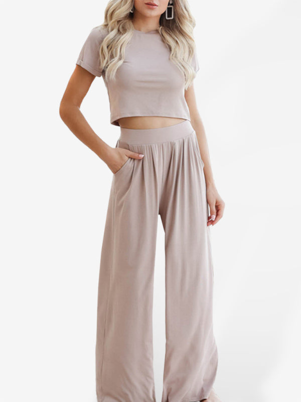 Trousers Set- Women's Lounge Set: Short Sleeve Crop Top + Wide Leg Trousers- Khaki- Pekosa Women Clothing