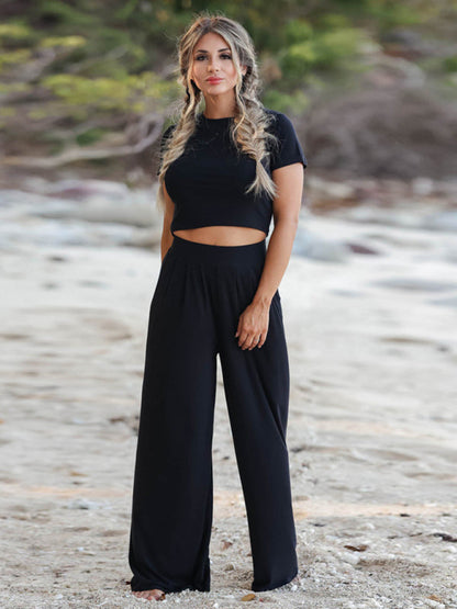 Trousers Set- Women's Lounge Set: Short Sleeve Crop Top + Wide Leg Trousers- Black- Pekosa Women Clothing