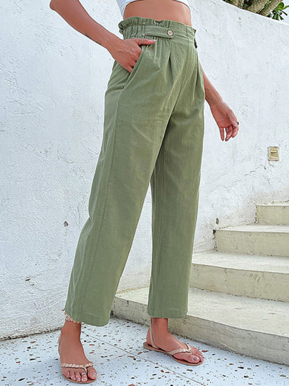 Trousers- Straight-Leg Pants: Paperbag Waist, Pleated Buttons Trousers- - Pekosa Women Clothing