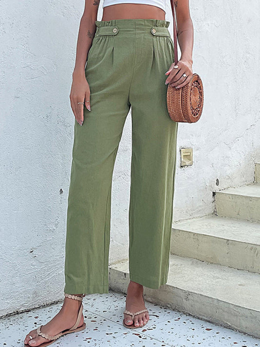 Trousers- Straight-Leg Pants: Paperbag Waist, Pleated Buttons Trousers- Green- Pekosa Women Clothing