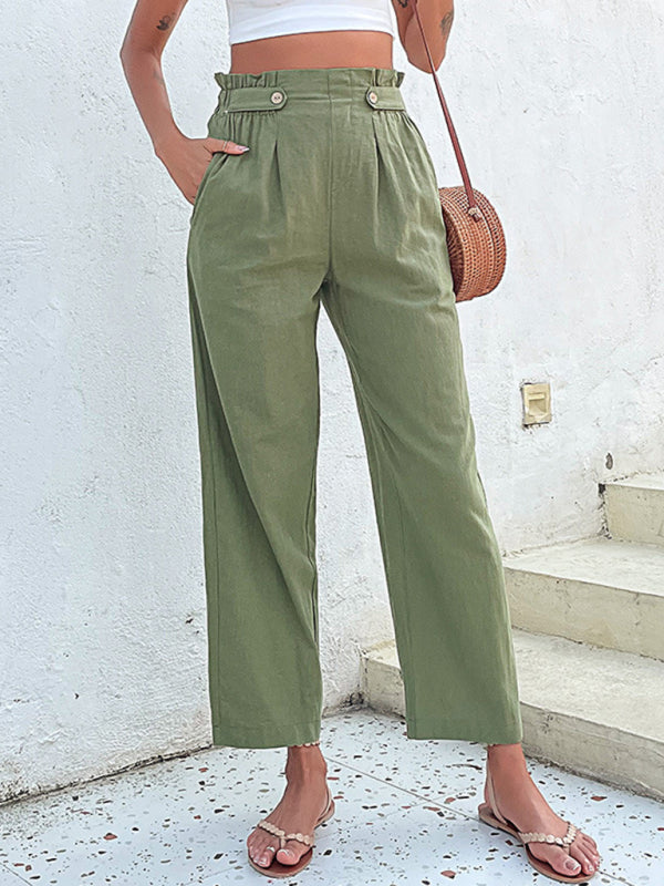 Trousers- Straight-Leg Pants: Paperbag Waist, Pleated Buttons Trousers- - Pekosa Women Clothing