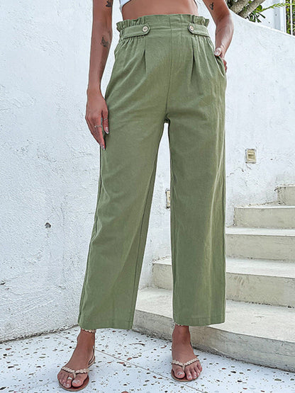 Trousers- Straight-Leg Pants: Paperbag Waist, Pleated Buttons Trousers- - Pekosa Women Clothing