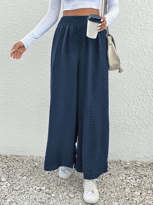 Trousers- Swiss Dot Wide-leg Trousers - High Rise Pants- Navy Blue- Pekosa Women Clothing