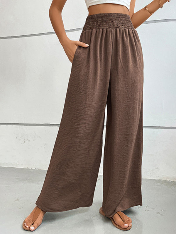 Trousers- Textured Elastic Waist Trousers - Women's Wide-Leg Pants for Vacation- - Pekosa Women Clothing