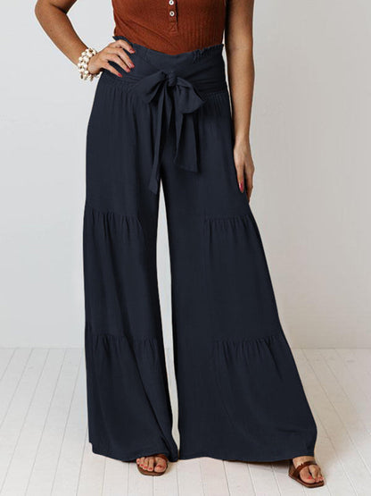 Trousers- Wide Leg High-Waisted Palazzo Trousers - Pants- Purplish blue navy- Pekosa Women Clothing