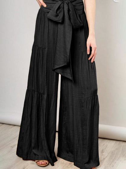 Trousers- Wide Leg High-Waisted Palazzo Trousers - Pants- Black- Pekosa Women Clothing