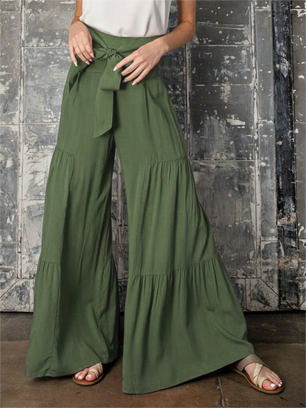 Trousers- Wide Leg High-Waisted Palazzo Trousers - Pants- Olive green- Pekosa Women Clothing