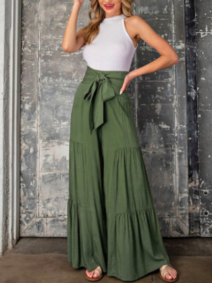 Trousers- Wide Leg High-Waisted Palazzo Trousers - Pants- - Pekosa Women Clothing