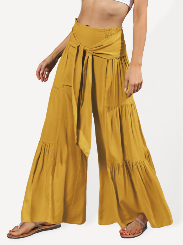 Trousers- Wide Leg High-Waisted Palazzo Trousers - Pants- Yellow- Pekosa Women Clothing