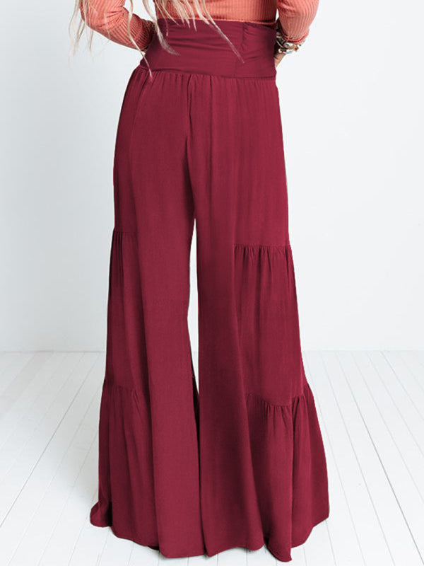 Trousers- Wide Leg High-Waisted Palazzo Trousers - Pants- Wine Red- Pekosa Women Clothing