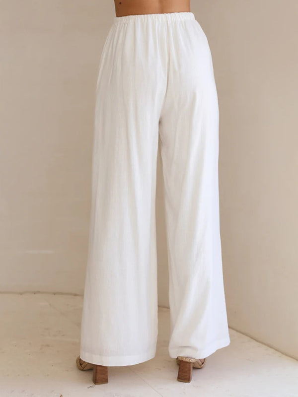 Trousers- Wide Leg Pants - Elastic Waistband Trousers with Side Pockets- - Pekosa Women Clothing