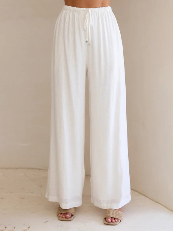 Trousers- Wide Leg Pants - Elastic Waistband Trousers with Side Pockets- White- Pekosa Women Clothing