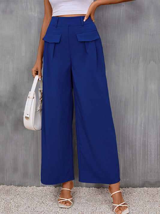 Trousers- Wide-leg Trousers - High Rise Pants with Faux Flap Pockets- Blue- Pekosa Women Clothing