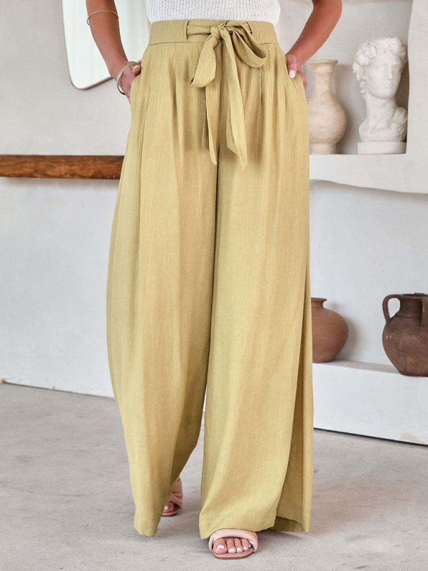 Trousers- Wide-leg Trousers with Ribbon Knot Waist - Pants- Yellow- Pekosa Women Clothing