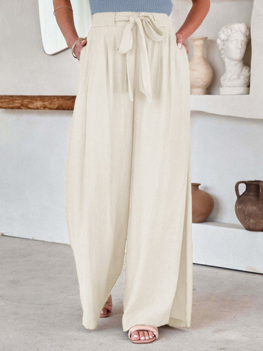 Trousers- Wide-leg Trousers with Ribbon Knot Waist - Pants- White- Pekosa Women Clothing