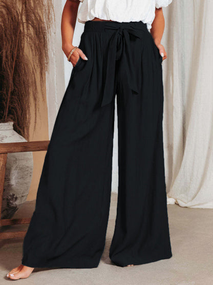 Trousers- Wide-leg Trousers with Ribbon Knot Waist - Pants- Black- Pekosa Women Clothing