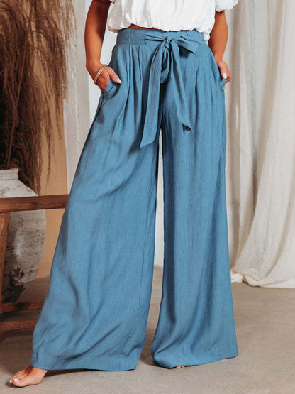 Trousers- Wide-leg Trousers with Ribbon Knot Waist - Pants- Blue- Pekosa Women Clothing