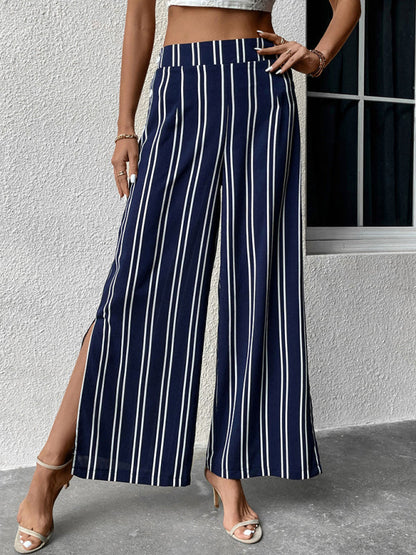 Trousers- Women's Stripe Sailor Wide Leg Slit Pants- Purplish blue navy- Pekosa Women Clothing