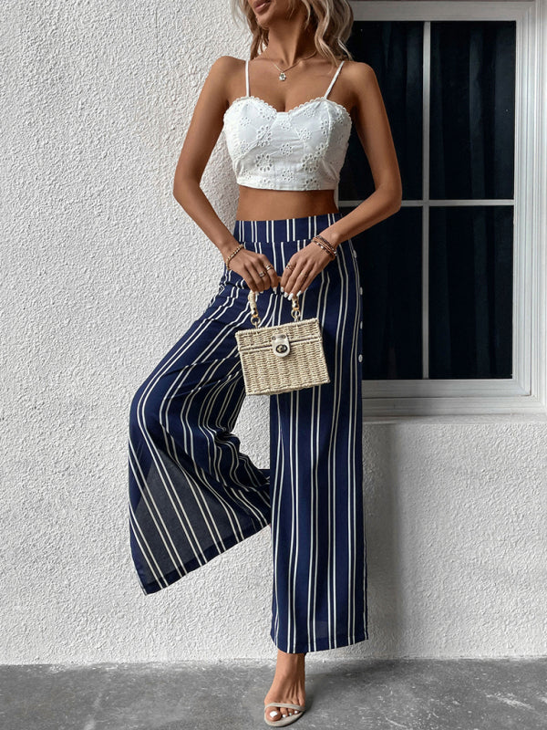 Trousers- Women's Stripe Sailor Wide Leg Slit Pants- - Pekosa Women Clothing